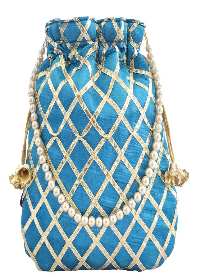DUCHESS Women's Gota Patti Blue Potli Bag Purse with Pearl Handle (Pack of 2) - Image 2